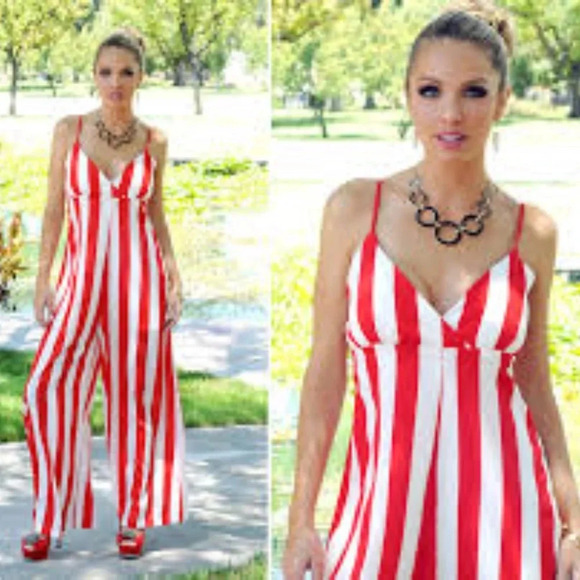 ban.do Pants - New* Easy Jumpsuit Ivory‎ and red striped